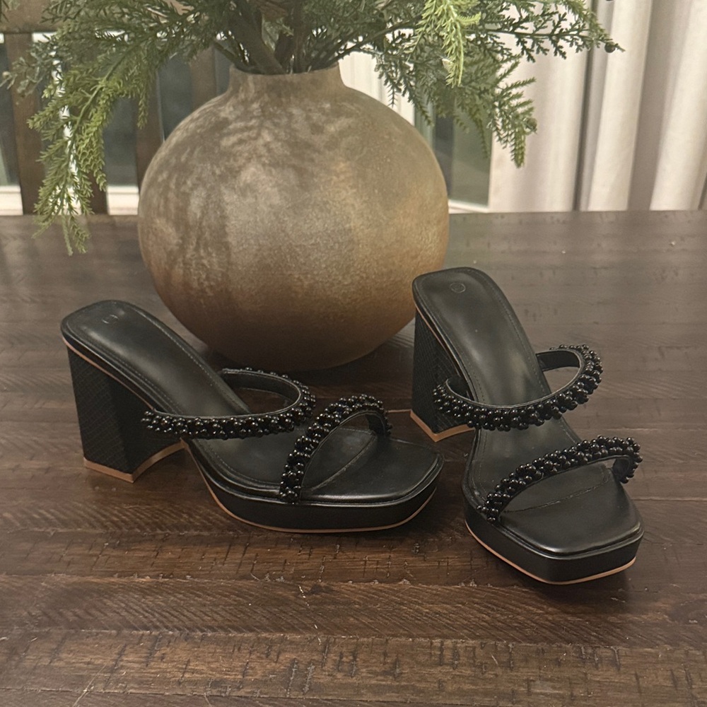 Elegant Black Beaded Platform Heels NWOT